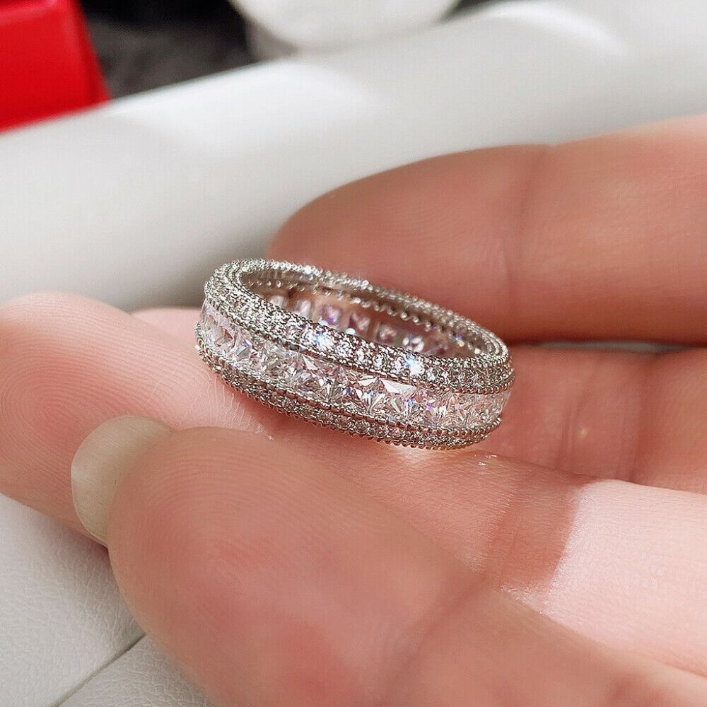 925 Sterling Silver Diamond Eternity Ring Band Wedding Statement Ring - Picture 2 of 7